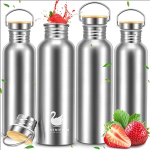 34oz Single Wall Stainless Steel Water Bottles with Handle and Bamboo Lid Large Leakproof Metal Camp